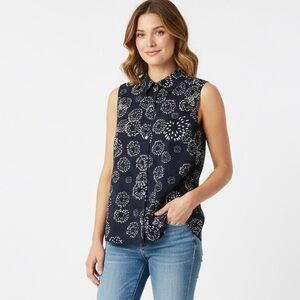 CAbi Dandelion Print Button Down Sleeveless Top | Peplum Back | M